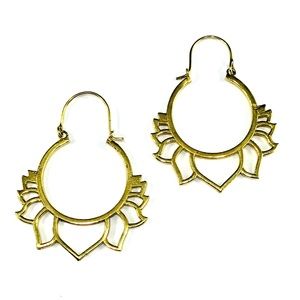 GOLD Tone BRASS Cutout Lotus Flower Hoop Earrings